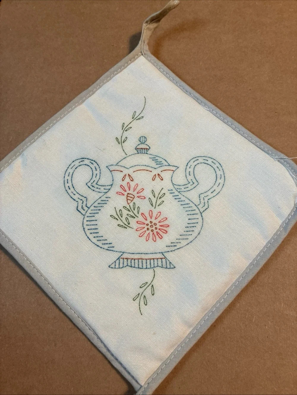 Embroidered Look Teapot Pot Holders White with Multicolor Floral Design